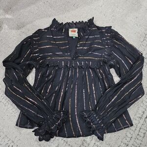 FARM Rio Scalloped Neck Blouse W/ Metallic Glitter Stripes